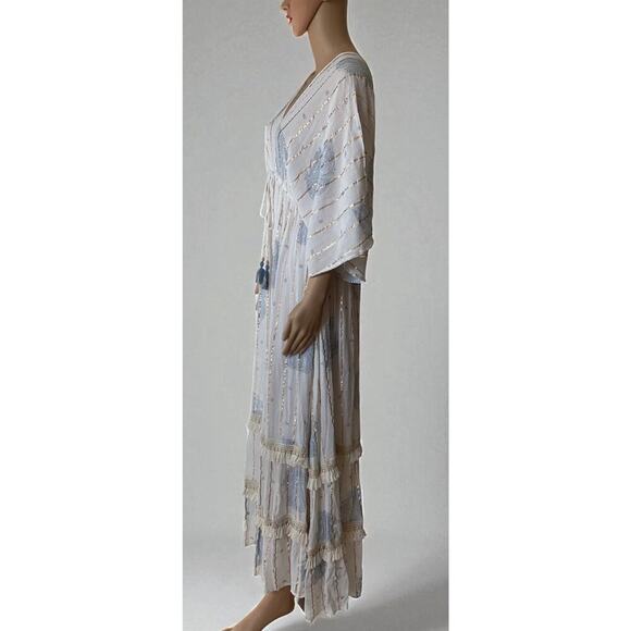 Bohemian tiered batwing sleeve maxi dress metallic stripes size L - Picture 3 of 5